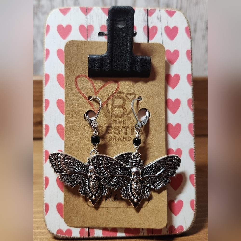 Silver in Color Black Beaded Moth Skull Goth Earrings Leverback Clasp